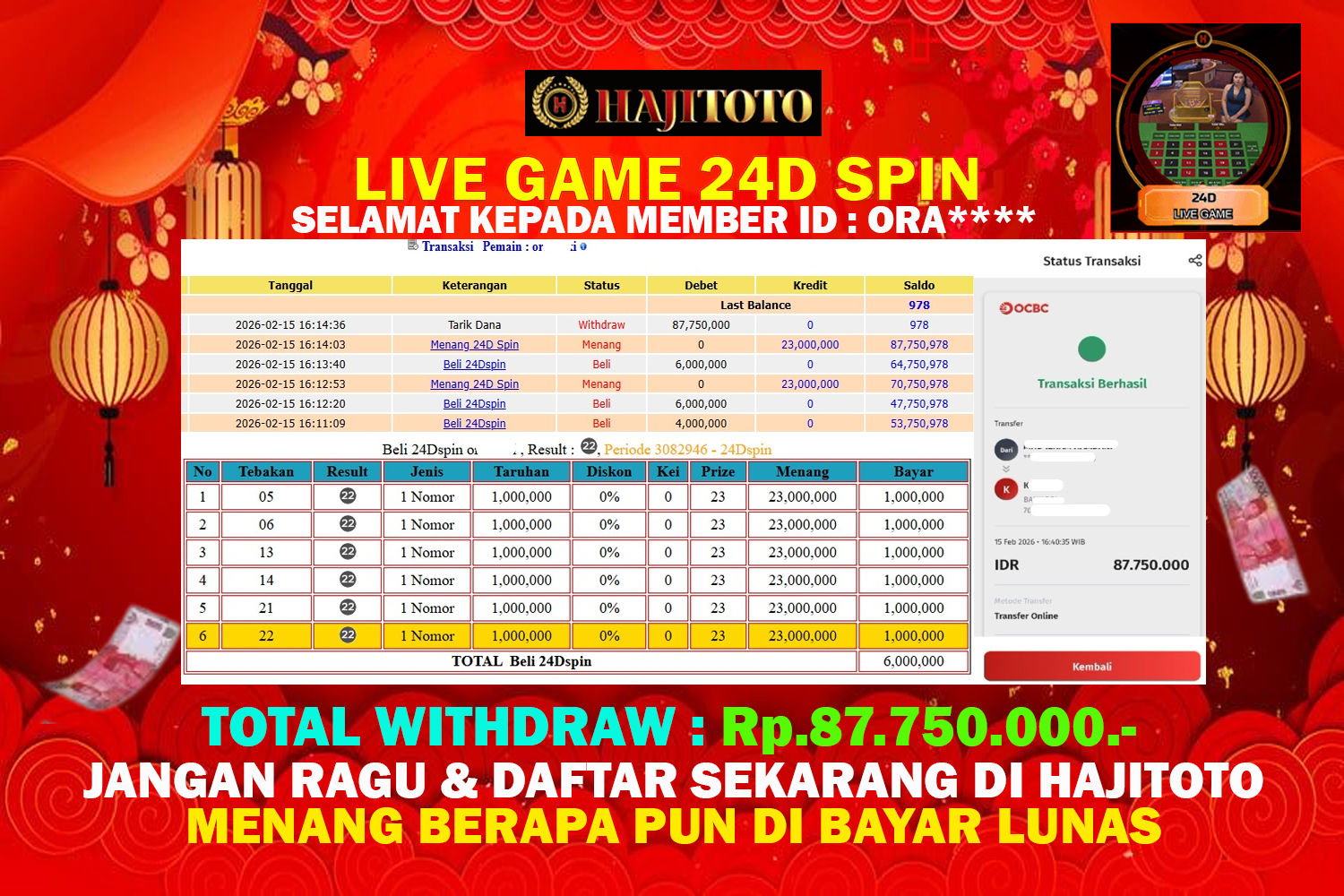 SELAMAT KEPADA PEMENANG MEMBER MERAIH JACKPOT DI GAME LIVE GAME 24DSPIN TOTAL RP 87.750.000 DI BAYAR LUNAS